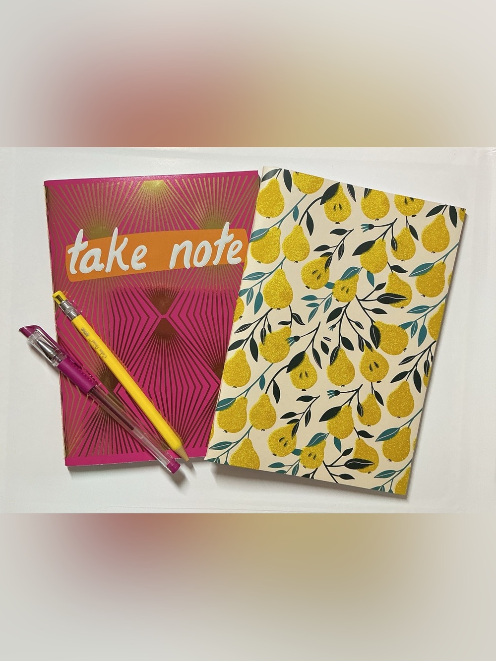Take Note Burst & Pear Pattern Notebooks w/Gel Pen and Pencil